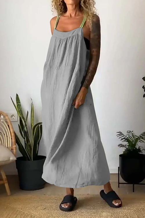 Color Block Casual Cotton Linen Maxi Beach Dress