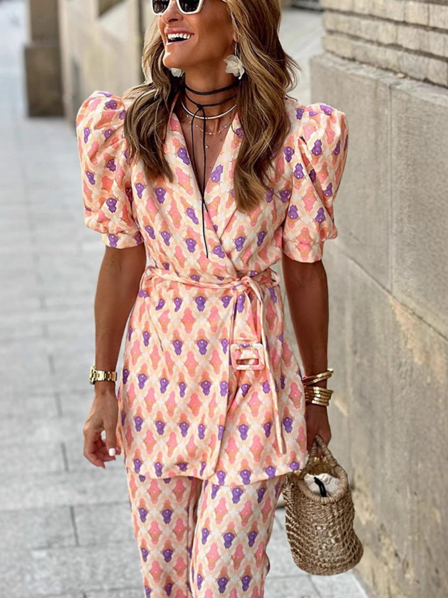 Geometric Pattern Printing Shirt Tie Wide-leg Pants Set 2-piece Sets