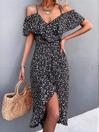 Off-the-shoulder Floral Print Sundress With Ruffles, Midi Length