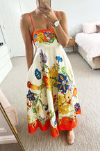 Spaghetti Strap Square Neck Botanical Fruit Print Scalloped Hem Midi Dress