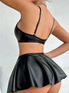 Patent Leather Openwork Straps Halter Bra Mini Skirt 2-piece Sets