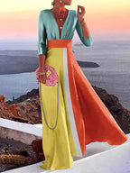 Color Block V-Neck Three-Quarter Sleeve Panel Maxi Dress