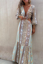 Patchwork Ikat Print V-Neck Wrap Tiered Ruffle Mini Dress