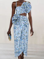 Floral-decorated Hollowed-out One-piece Swimsuit And Sun-protective Long Dress Two-piece Set