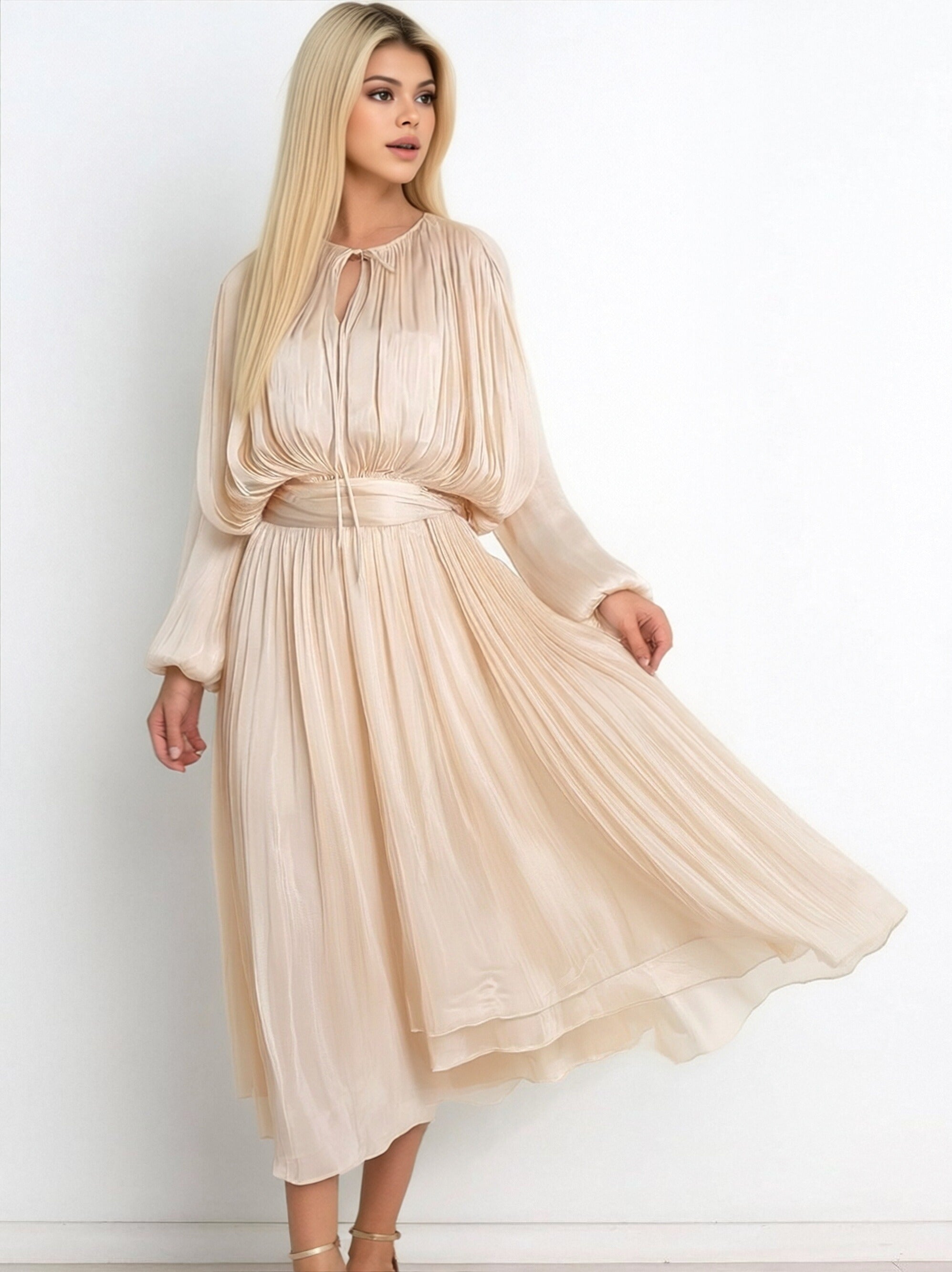 A-line Maxi Dress With Puff Sleeves And Ruched Design
