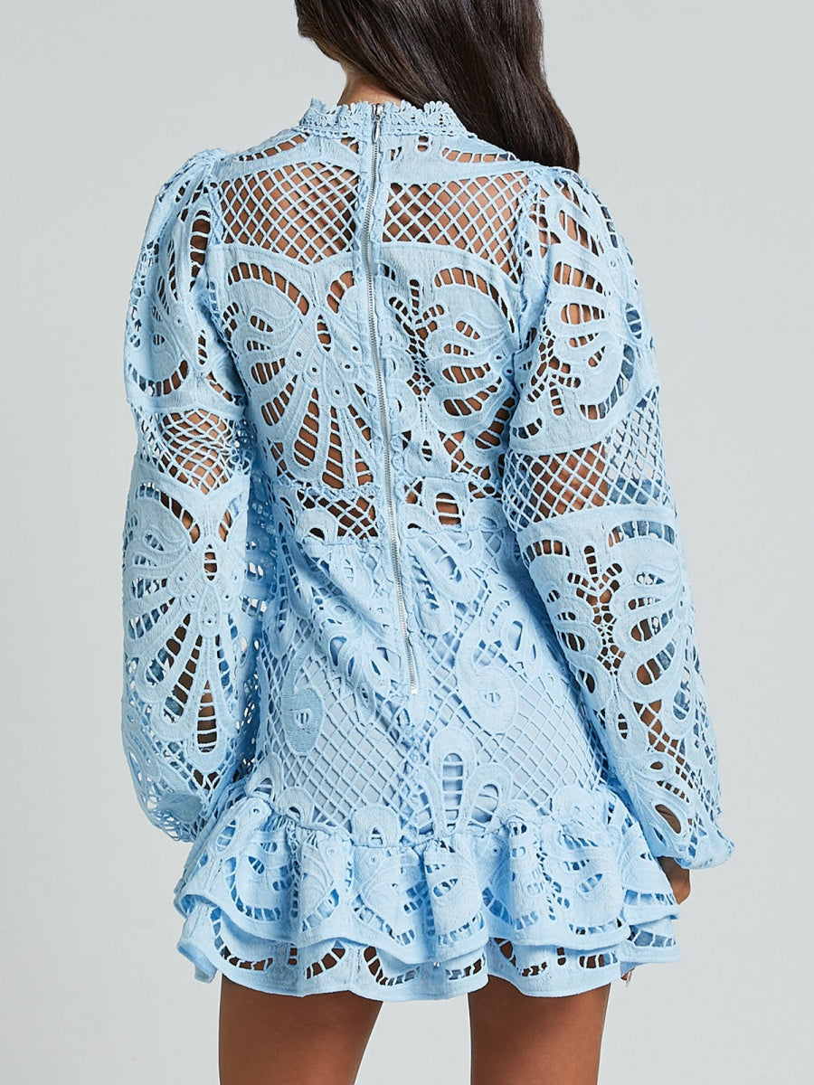Lantern-style Long-sleeved, Fitted A-line Dress With Ruffled Hem And Water-soluble Lace.