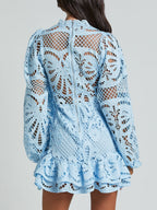Lantern-style Long-sleeved, Fitted A-line Dress With Ruffled Hem And Water-soluble Lace.