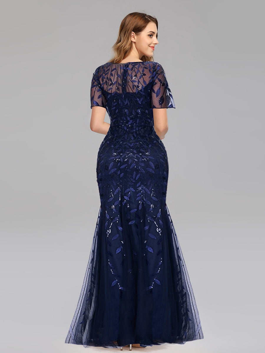 Embroidery Sequins Fishtail Spliced Mesh Formal Dress Maxi Dresses