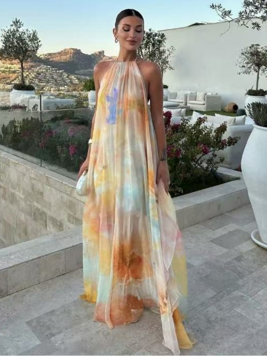 Halter Neck Elegant Off-shoulder Double-layered Loose Long Dress
