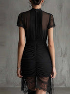 Black Sheer Lace-trimmed Slim-fitting High-slit Short Dress