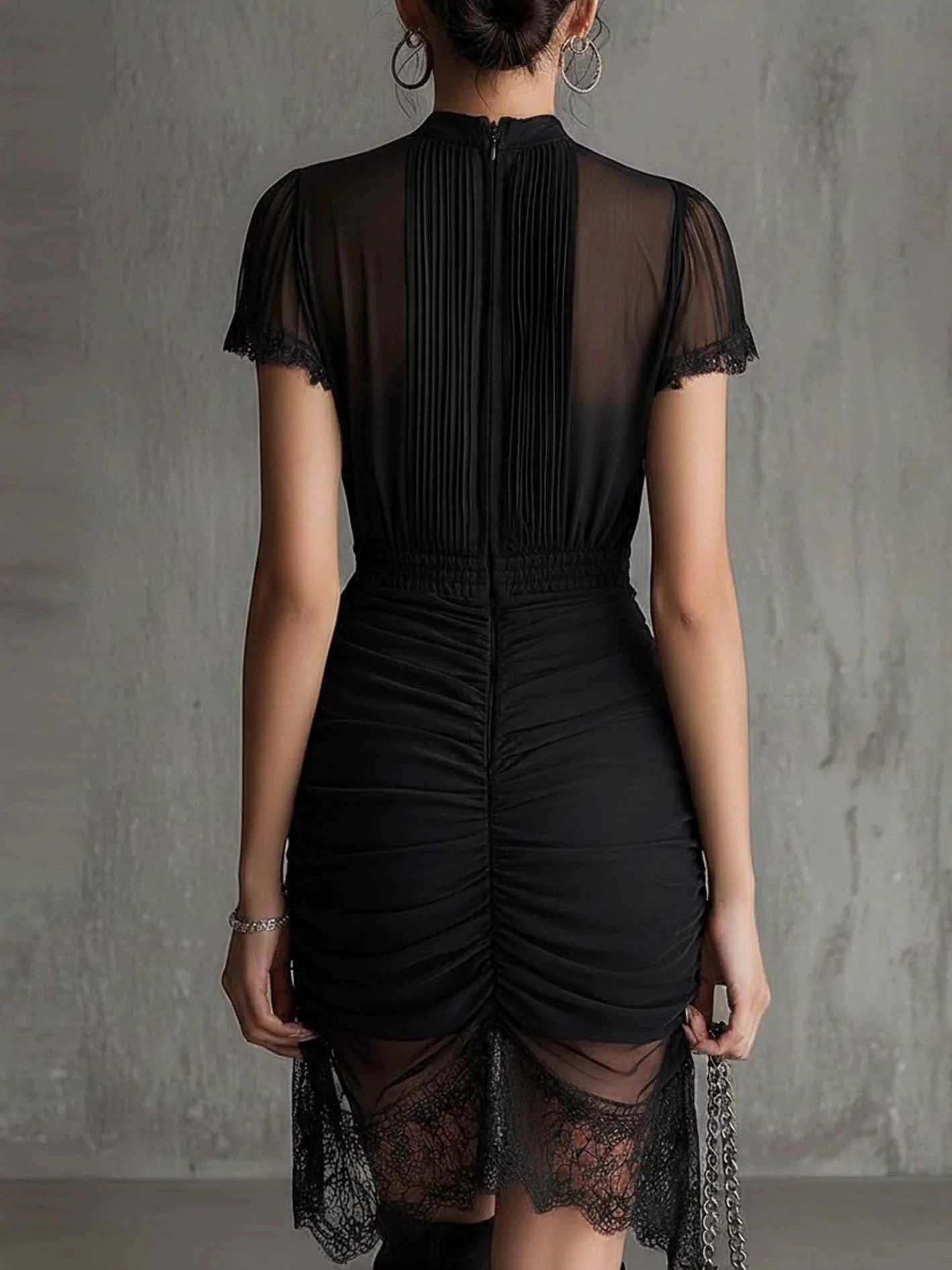 Black Sheer Lace-trimmed Slim-fitting High-slit Short Dress