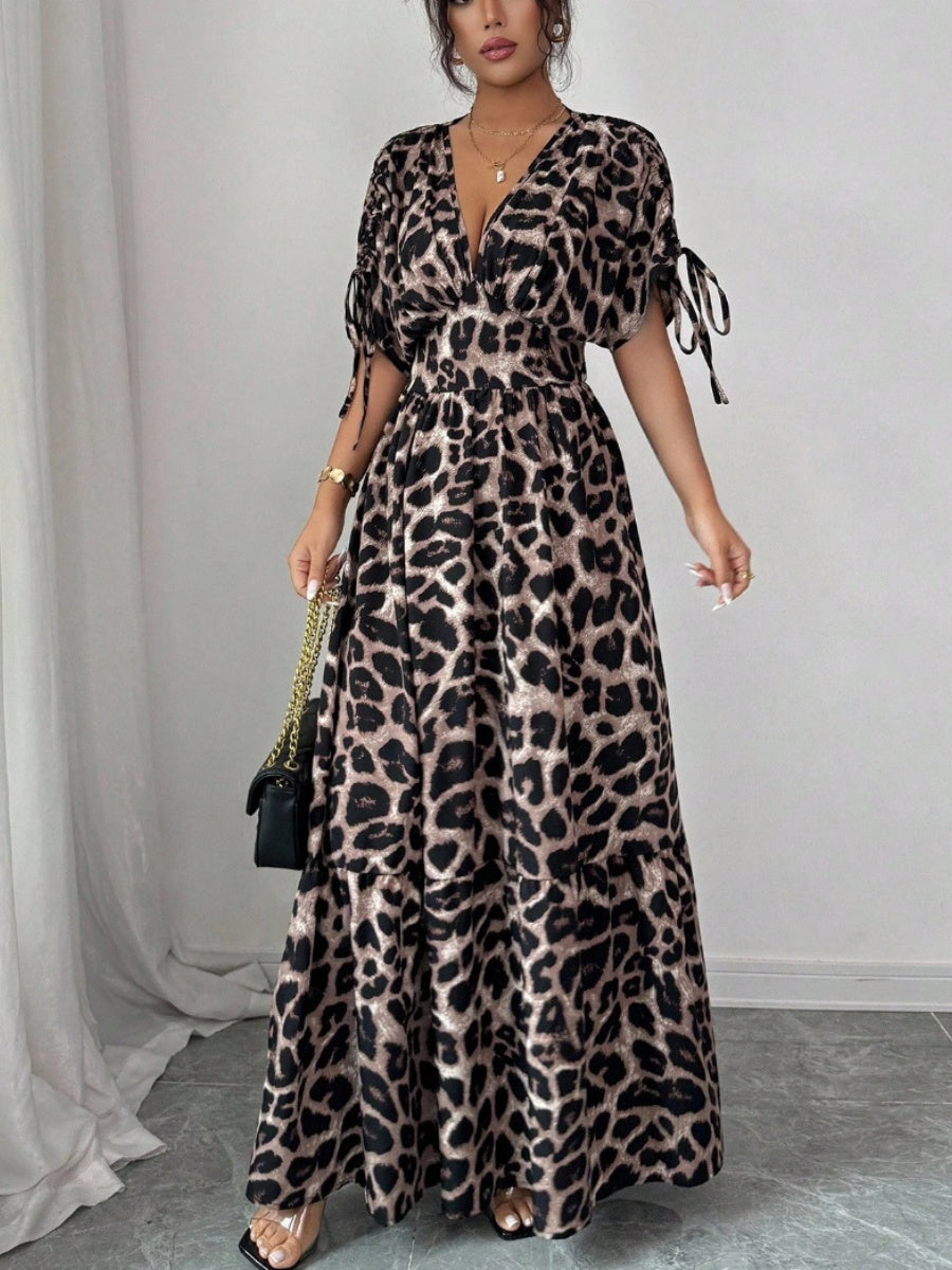 V-neck Short Sleeve Leopard Print Maxi Dresses