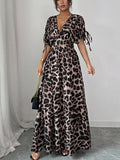 V-neck Short Sleeve Leopard Print Maxi Dresses