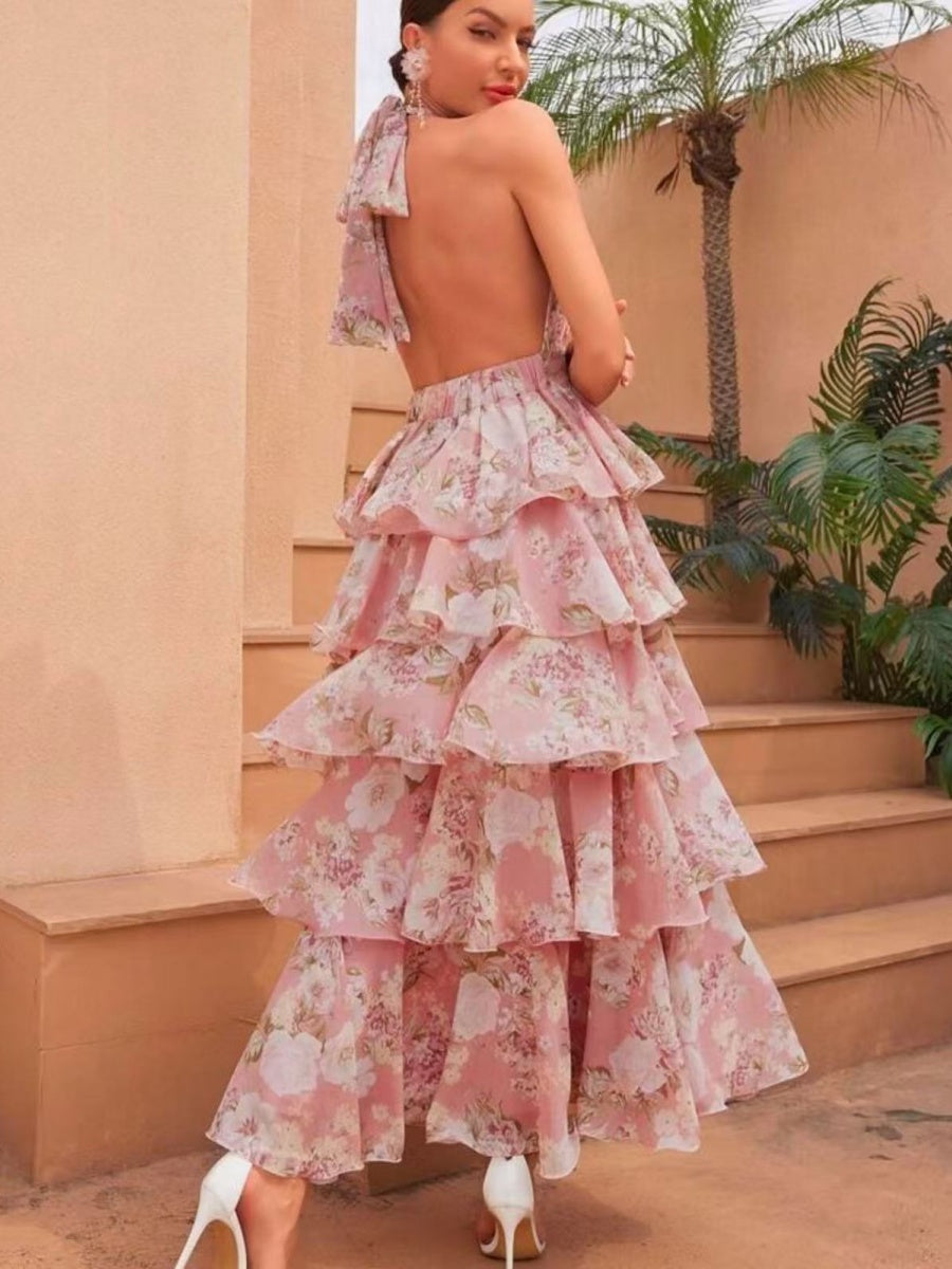 V-neck Spaghetti Strap Multi-layered Floral Print Long Dress