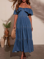 Denim Ruffle Crew Neck Large Skirt Maxi Dresses