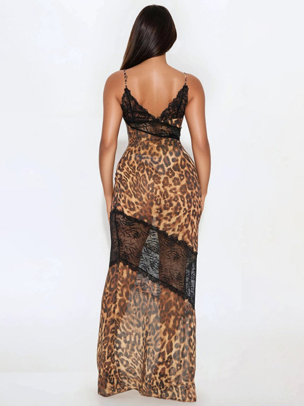 Leopard Print Lace Patchwork Deep V Halter Top Fish Tail Maxi Dresses