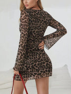 Leopard Print Round Neck Long Sleeve Mini&Short Dresses