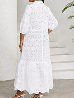 Three-quarter Sleeve Loose Shirt Collar Hollowed-out Lace Long Dress