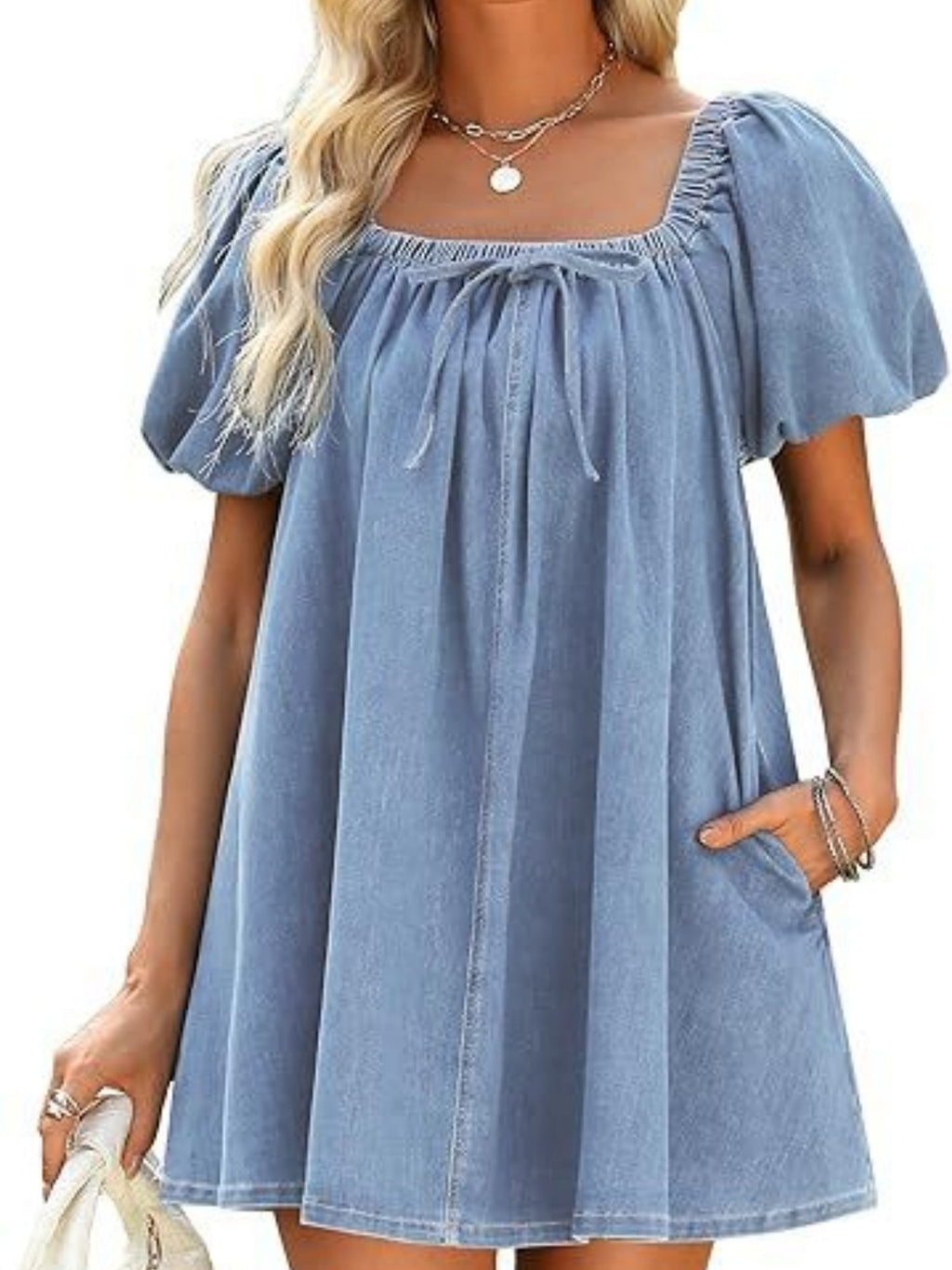 Denim Lace Up Square Neckline And Puff Sleeves Mini&Short Dresses