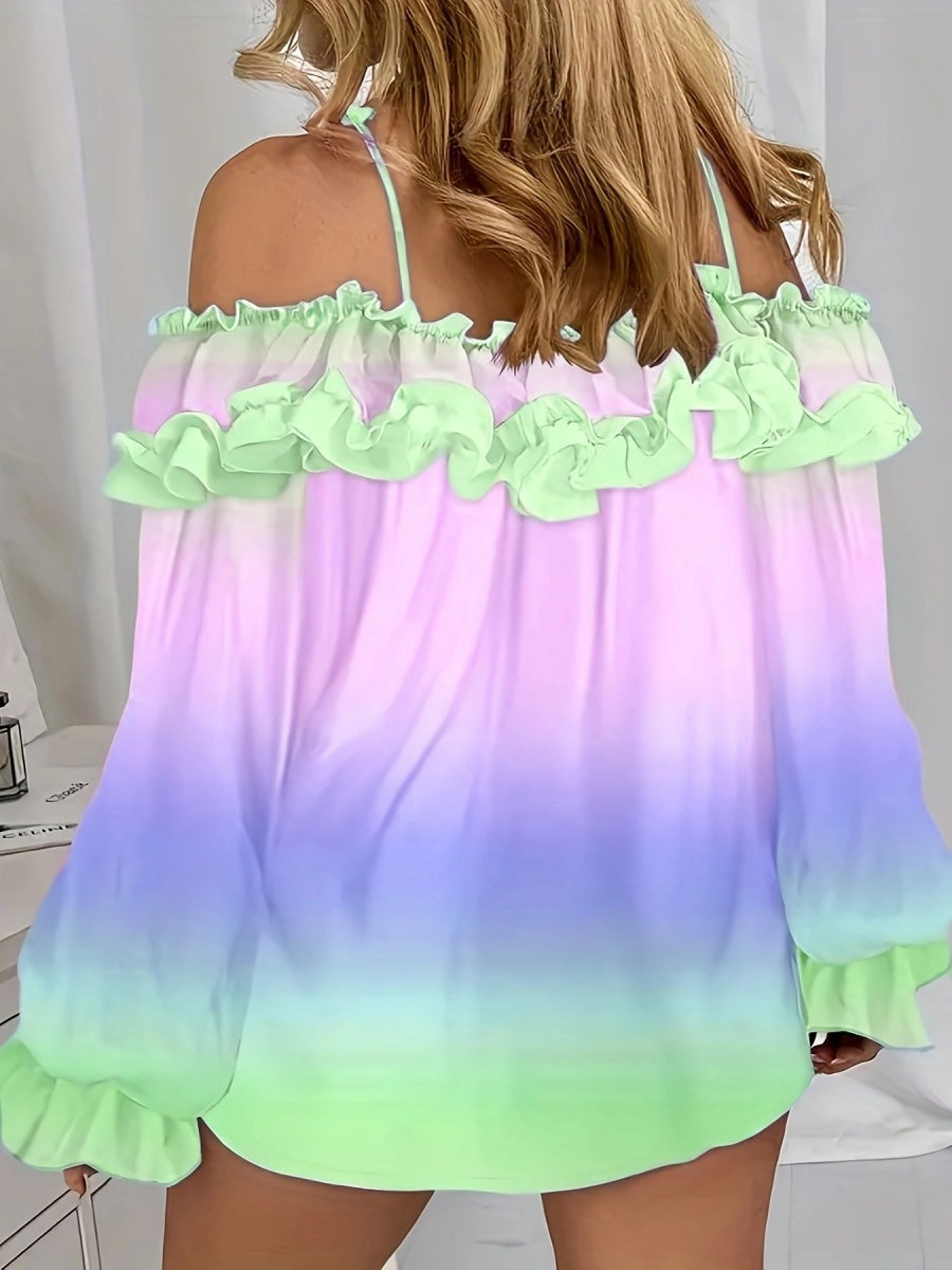 Off-shoulder Color-blocked Gradient Lace T-shirt