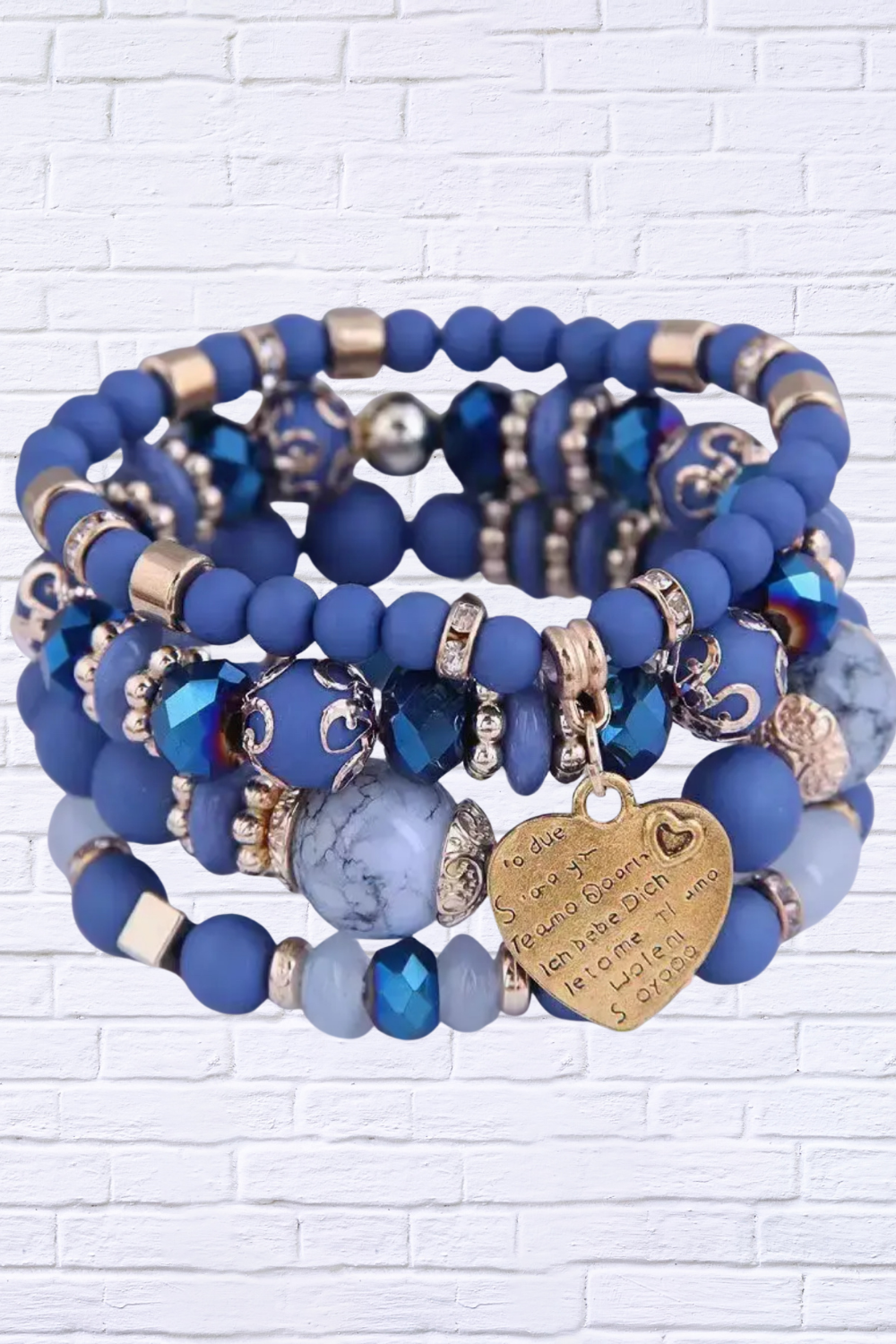 Chic & Meaningful _ Blue Beaded Stretch Bracelet Set with Heart Charm