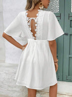 Lace Trim Hollow Out V-neck Short Sleeve Mini&Short Dresses