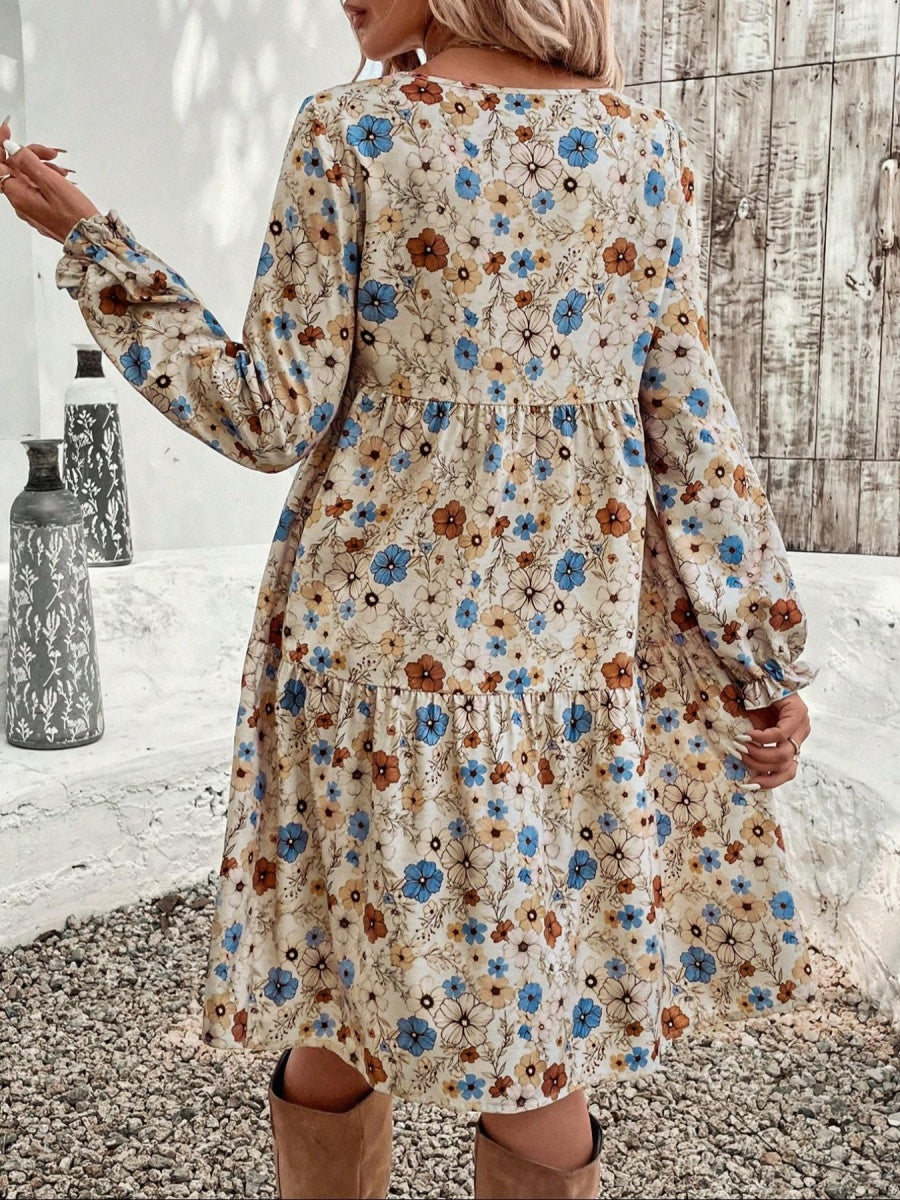 Floral Puff Sleeve Tie-waist Short Dress