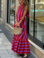 Stripes Halter Neck And Backless Maxi Dresses