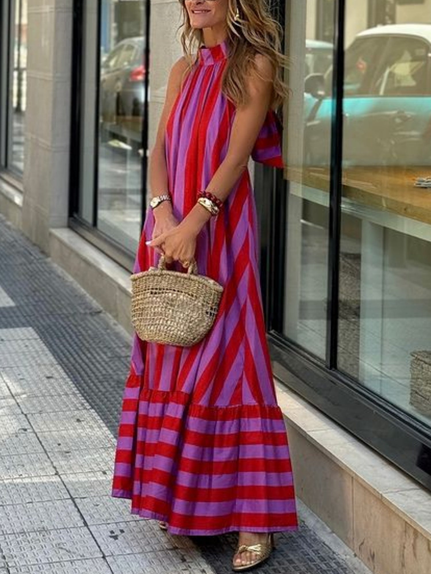 Stripes Halter Neck And Backless Maxi Dresses