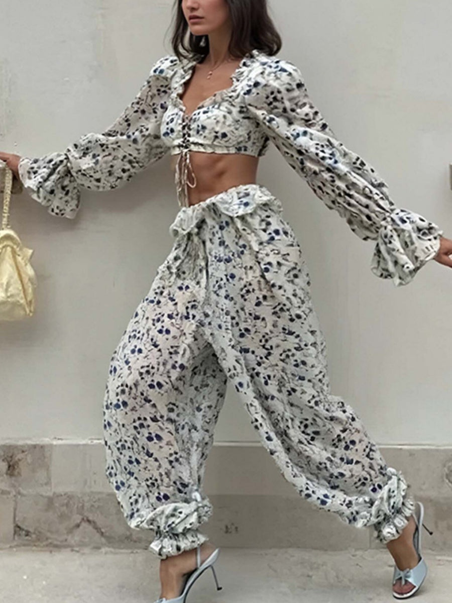 Cropped Top Bandage Long Sleeve Knitted Pants Pants Floral Set 2-piece Sets