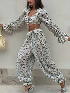Cropped Top Bandage Long Sleeve Knitted Pants Pants Floral Set 2-piece Sets