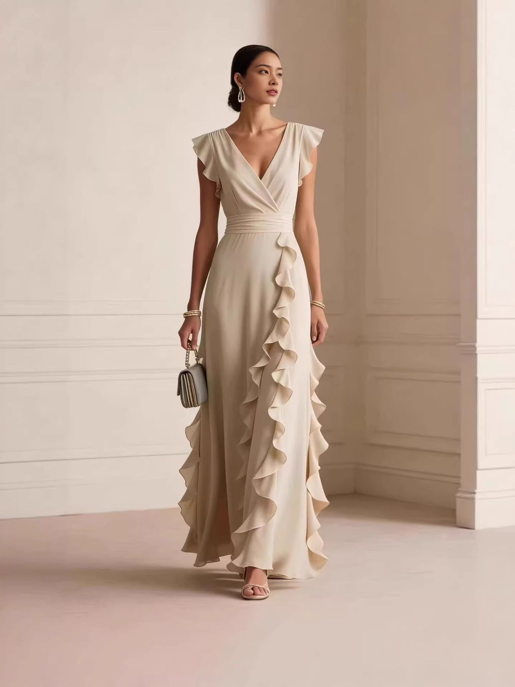 Solid Color Pleated Short Sleeve V-neck Chiffon Long Dress