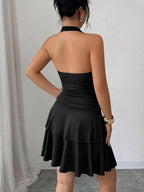 Black Halter Metal Buckle Pleated Hip-hugging Mini&Short Dresses