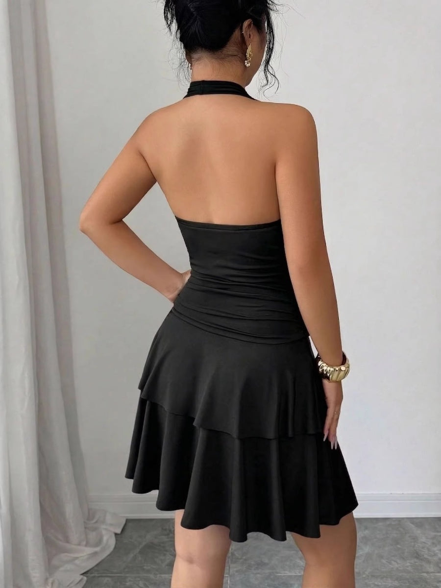 Black Halter Metal Buckle Pleated Hip-hugging Mini&Short Dresses