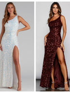 Sloping Shoulders Sequins High Slit Parties Maxi Dresses