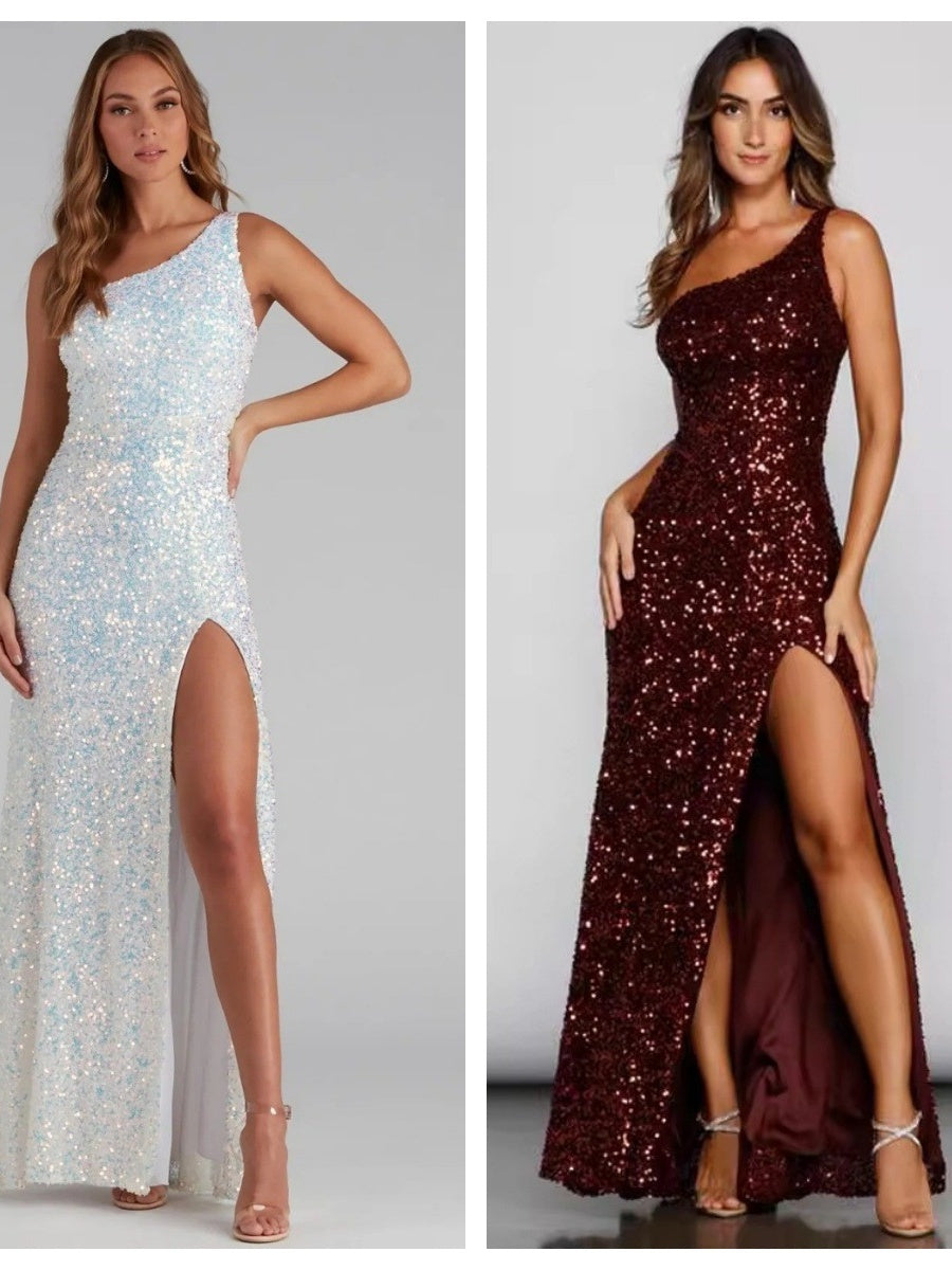 Sloping Shoulders Sequins High Slit Parties Maxi Dresses
