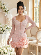 3D Flowers Hot-fix Rhinestones And Bubble Beads Evening Gown Sheer Long-sleeved Square Neck Mini&Short Dresses