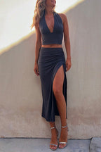 Deep V Neck Sleeveless Crop Top Drawstring Side Split Skirt Set