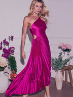 Satin Pleated One-shoulder Asymmetrical Neckline Solid Color Maxi Dresses