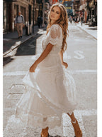 V-neck Short Sleeve Lace Gauze Solid Color Maxi Dresses