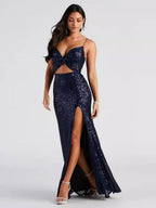 Sequins Slit Bare Waist Camisoles Formal Dress Maxi Dresses