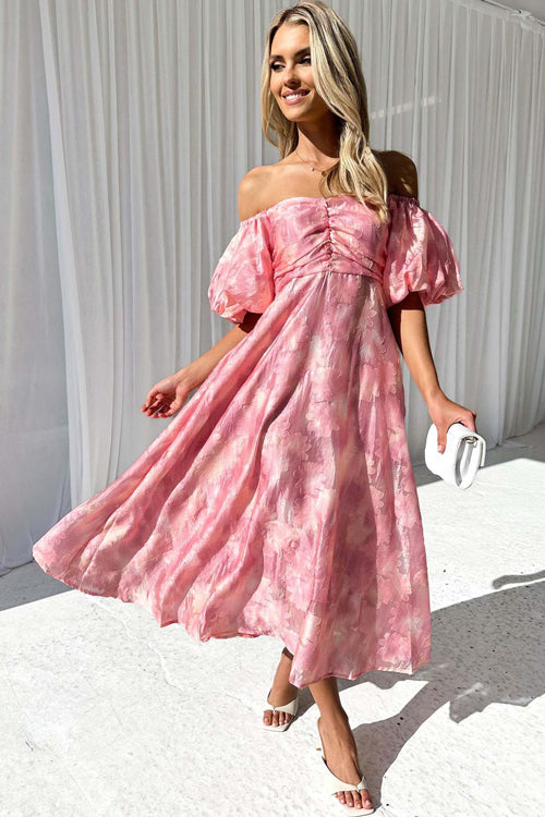 Off Shoulder Ruched Bust Puff Sleeve Floral Jacquard Midi Dress