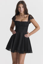 Square Neck Ruched Bust Lace Cap Sleeve Lace Hem Mini Dress