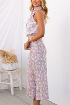 Satin Floral Print Halter Neck Cowl Neck Two Piece Set