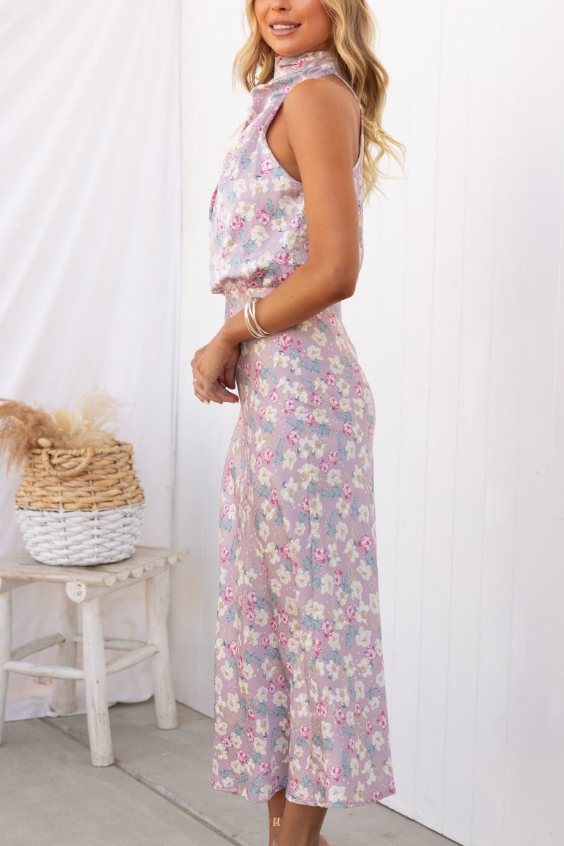 Satin Floral Print Halter Neck Cowl Neck Two Piece Set