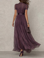 V-neck Waist Ruffle Chiffon Big Swing Maxi Dresses