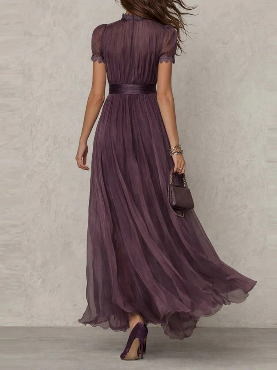 V-neck Waist Ruffle Chiffon Big Swing Maxi Dresses