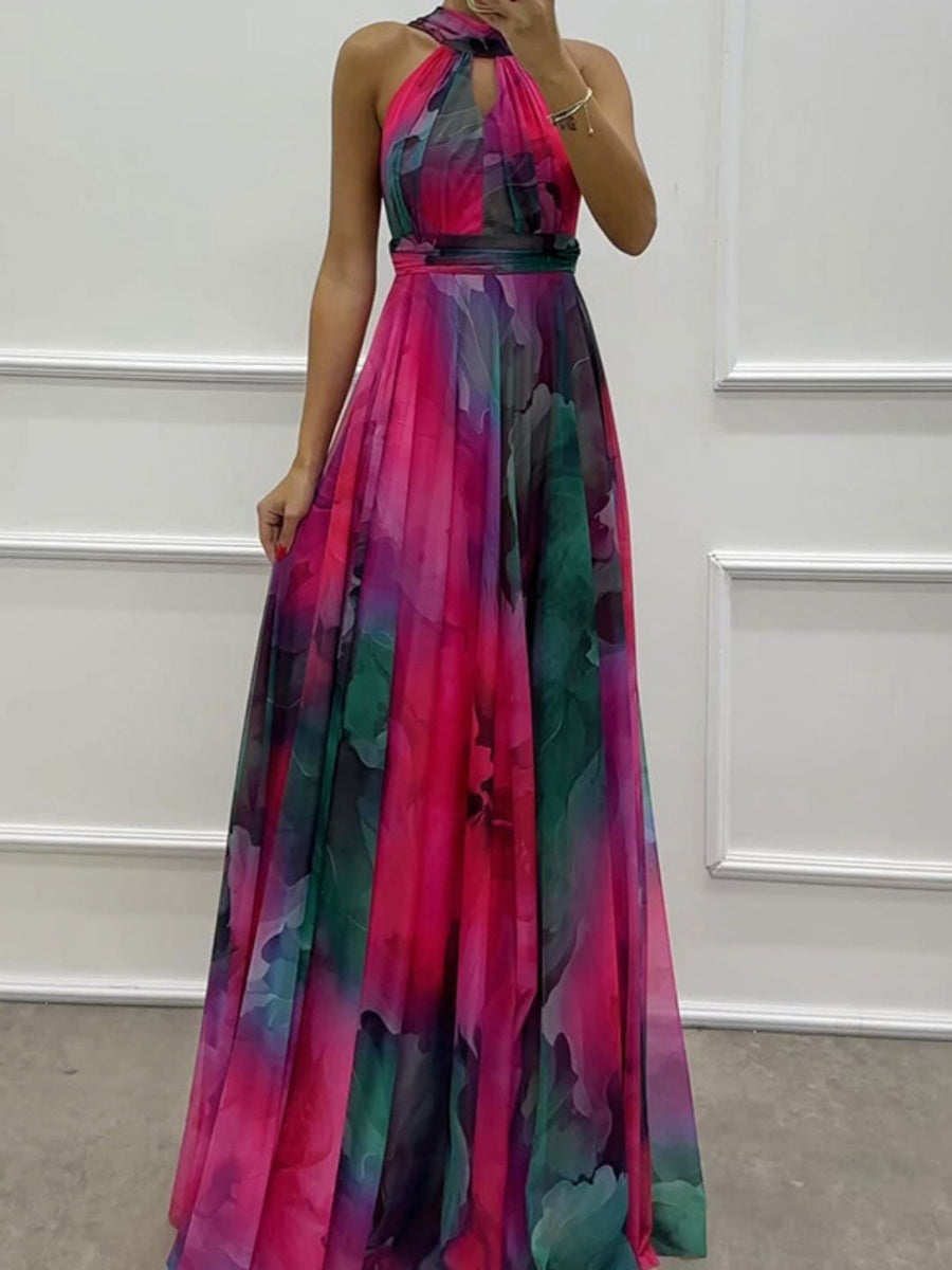 Mesh Printed Halter Formal Dress Maxi Dresses