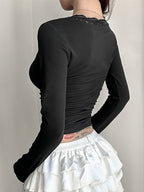 Lace Trim V-neck Long Sleeve Slimming Crop Top