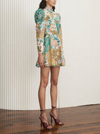 Patchwork Floral Print Mock Neck Puff Shoulder A-Line Mini Dress